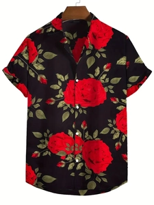 Détail de l'imprimé floral 3D roses rouges sur tissu noir d'une chemise homme à manches courtes