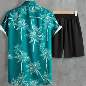 Detail view of summer Hawaiian set with white coconut palm print shirt and black shorts