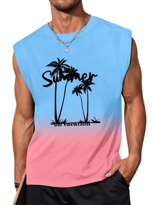 Men's blue pink gradient tank top with tropical palm tree print and Summer on vacation text