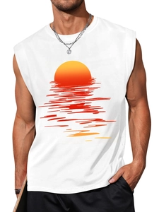 Men's white Hawaiian sunset print tank top with a relaxed fit for summer vacations