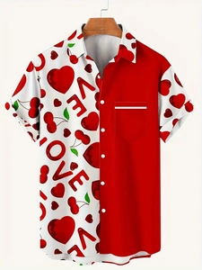 Détail d'une chemise décontractée pour homme avec patchwork rouge et blanc et motifs LOVE