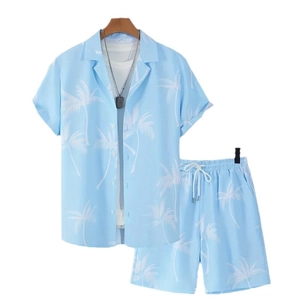 Men's sky blue Hawaiian beach set featuring white coconut tree prints with shorts