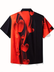Détail de l'imprimé cœur 3D et texture du tissu sur chemise boutonnée rouge et noir