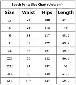 Guide détaillé des tailles pour shorts de plage hommes avec mesures du XS au 5XL