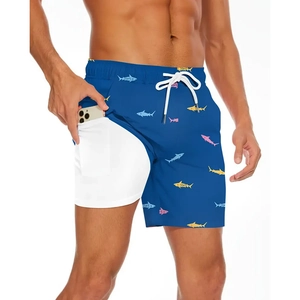 Short de bain double couche pour homme avec motif requin et doublure de compression