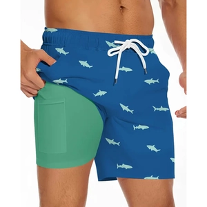 Short de bain 2-en-1 bleu avec imprimé requins, doublure verte et poche pour téléphone