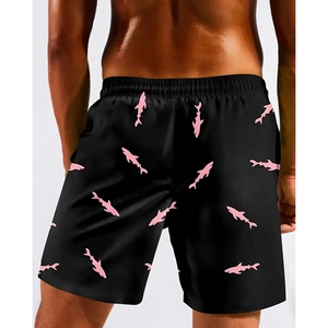 Vue arrière du short de plage noir pour homme avec motifs requins roses et taille élastique
