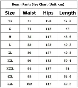 Size chart for men's casual beach shorts showing measurements from XS to 5XL in cm