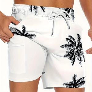 Men's double-layer beach shorts with palm tree print and hidden phone pocket liner