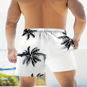 Quick-dry men's 2-in-1 beach shorts with tropical palm prints and compression liner