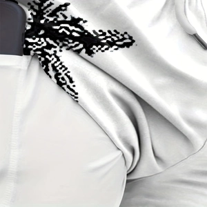 Men's white Hawaiian beach shorts with black geometric print and functional side pockets
