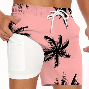 Detail of men's pink swim trunks showing double-layer design and built-in phone pocket