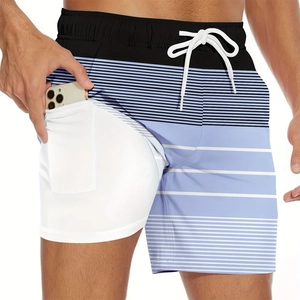 Detail of men's striped swim shorts showing inner elastic lining with a phone pocket
