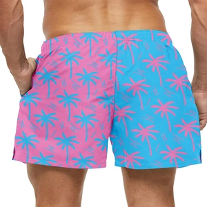 Rear view of Hawaiian quick-dry beach shorts with dual-color palm tree pattern prints