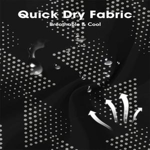 Detail of black quick-dry fabric showing water resistance and breathable mesh texture