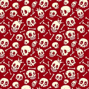 Detailed pattern of seamless red beach shorts with punk style cartoon skulls and crossbones