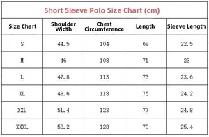 Detailed size chart for men's short sleeve polo shirt showing S to XXXL measurements in cm