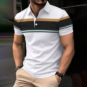 Men's Casual Slim Fit Short Sleeve Polo Shirt Striped Contrast Color Block Splicing Breathable Sporty Summer Fashion Polo Top