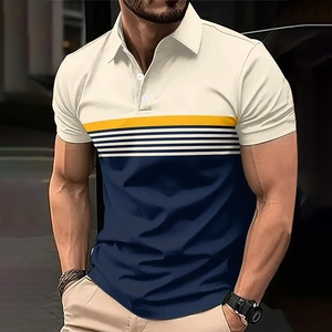 Men's Slim Fit Polo Shirt Short Sleeve Color Block Striped Ribbed Knit Lapel Button Down Polyester Casual T-Shirt Summer Top