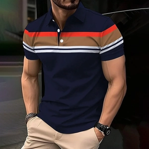 Men's slim-fit short sleeve polo shirt in navy blue with striped chest detailing