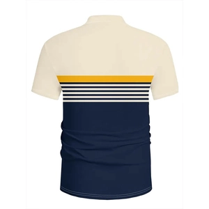 Men's slim fit polo shirt back view with beige and navy blue striped color block design