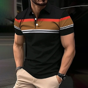 Men's slim fit black short sleeve polo shirt with red and white striped chest detail