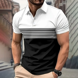 Men's slim-fit short sleeve Polo shirt with modern black white and gray color block design