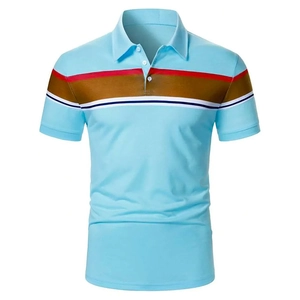 Men's slim fit short sleeve polo shirt in light blue with multicolored chest stripes