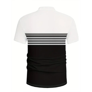 Men's short sleeve polo shirt featuring a black white and grey color block stripe design