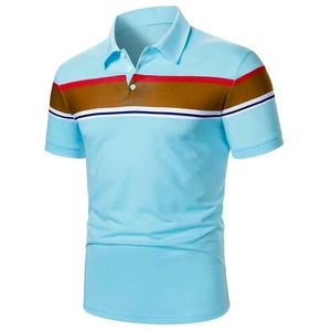 Men's slim fit short sleeve polo shirt in light blue with horizontal chest stripes