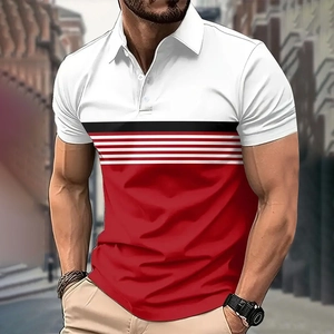 Men's slim fit polo shirt featuring a white and red tricolor striped spliced design