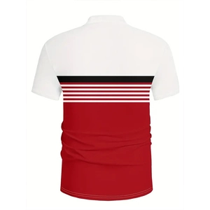 Detailed back view of casual polo shirt with red, white, and black color-block stitching