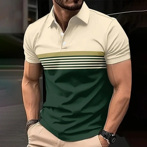 Detail of slim fit men's polo shirt with beige and dark green color block stitching