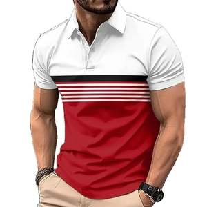 Men's slim fit Polo shirt with white, black striped, and red color-block splicing design