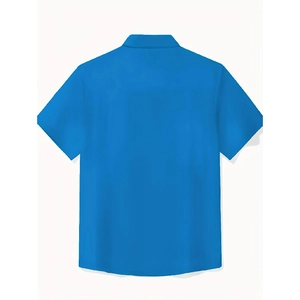 Vista posteriore di una camicia a maniche corte celeste con colletto classico