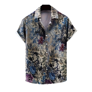 Camicia da uomo a maniche corte con stampa floreale retrò e motivo a rose blu