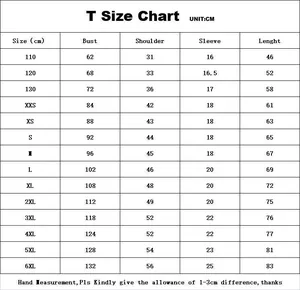 Comprehensive size chart for 3D printed summer T-shirt sets from kids 110 to adult 6XL