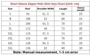 Detailed size chart for men's short sleeve zipper polo shirt from size S to 5XL in centimeters