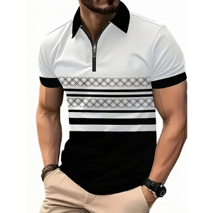 Men's Digital Print Short Sleeve Polo Shirt Zipper V Neck Geometric Diamond Pattern Color Block Slim Fit Sports Casual Top