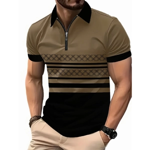 Men's khaki and black polo shirt with 3D geometric patterns and a zipper collar