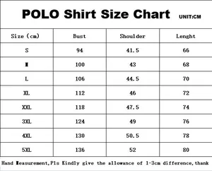 Detailed size chart for men's sleeveless color block polo shirts from S to 5XL