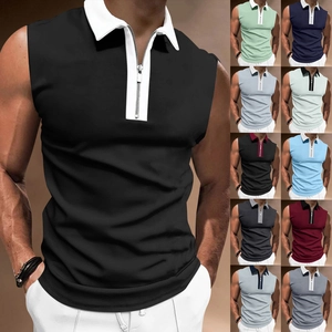 Herren Slim Fit Ärmellos Polohemd Colorblock Reißverschluss Mesh Tanktop Casual Sommer Muskelweste Sportbekleidung