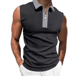 Detail eines grauen ärmellosen Poloshirts mit Reißverschlusskragen und hellem Kontrastkragen