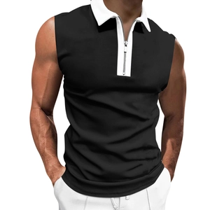 Detail eines ärmellosen Herren-Poloshirts mit weißem Kontrastkragen und Reißverschluss