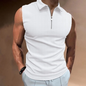 Men Sleeveless Polo Shirt Ribbed Knit Zipper Stand Collar Summer Muscle Tank Top Casual Slim Fit Ribbed Top