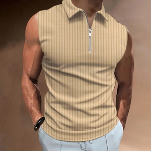Men's slim fit sleeveless polo shirt with khaki stripes and a quarter-zip collar design