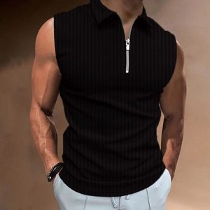 Men's black sleeveless knit polo shirt with quarter-zip collar and ribbed texture fabric