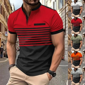 Detail of multi-colored striped Polo shirts with Henley collars and athletic designs