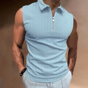 Men's slim fit sleeveless light blue zip polo shirt with ribbed texture and turn-down collar