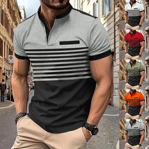 Macro shot of striped short sleeve Polo shirts with V-neckline collar in multiple colors